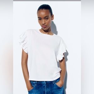 Zara Round Neck Ruffle Sleeve Pullover T-Shirt Solid White Cotton